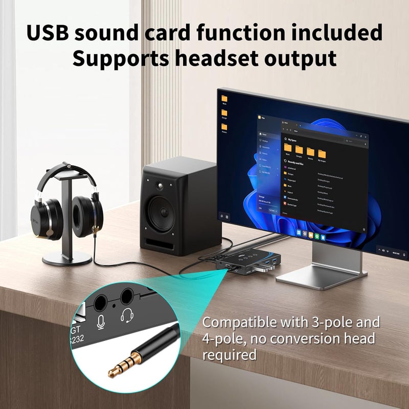 eKL USB 3.0 Switch 4 Computers Sharing USB Peripherals, 4 Port USB Switcher Sharing Mouse Keyboard Scanner Printer, with 3.5mm Headset Jack Audio Out, Includes 4 USB 3.0 Cables and Remote - Image 5